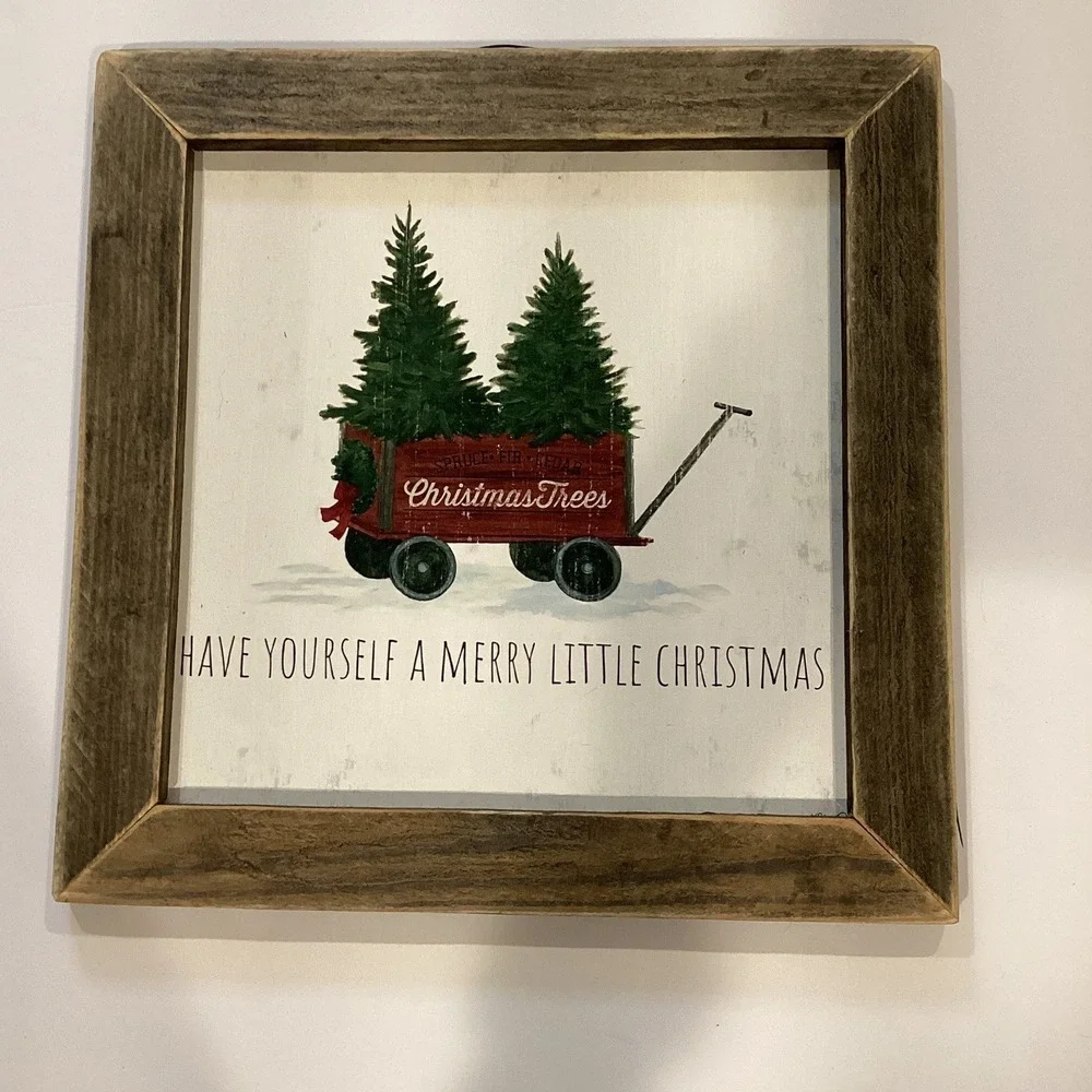 Jan Michaels Christmas Tree Wagon Wall Art 13.5x13.5 Brown Good